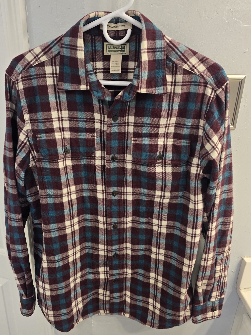 L.L. Bean Men's Burgundy, Teal & Cream Plaid Button-Down Shirt
